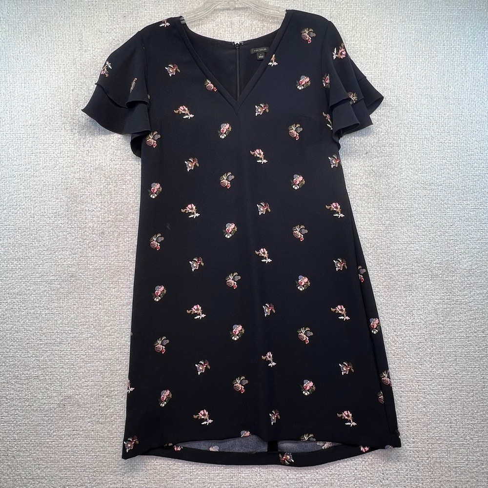 Ann Taylor Black Floral Flutter Sleeve‎ V Neck Shift Dress Size 6